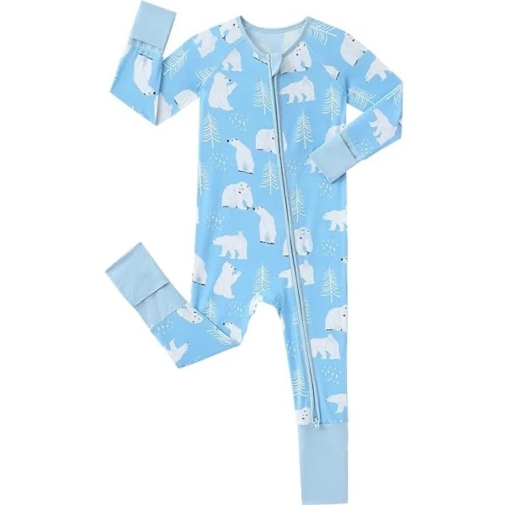 Baby Viscose Bamboo‎ Pajamas Foldable Feet/Hands Polar Bear Blue 6-12M NWT